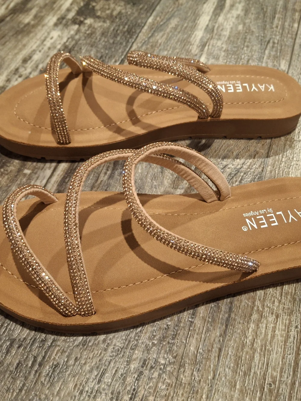 KAYLEEN By Los Angeles Rose Gold Crystal Strappy Slide Sandals